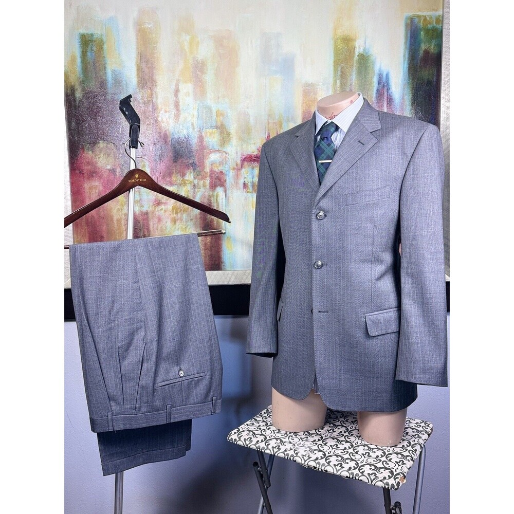 Pavone Mens Retro Made In Italy Gray Striped 2 Piece Suit 40R Pants 34/33